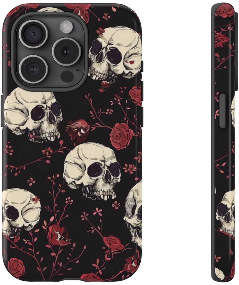 Schedels en Rode Rozenpatroon – Telefoonhoesje Geschikt voor iPhone 15 Pro
