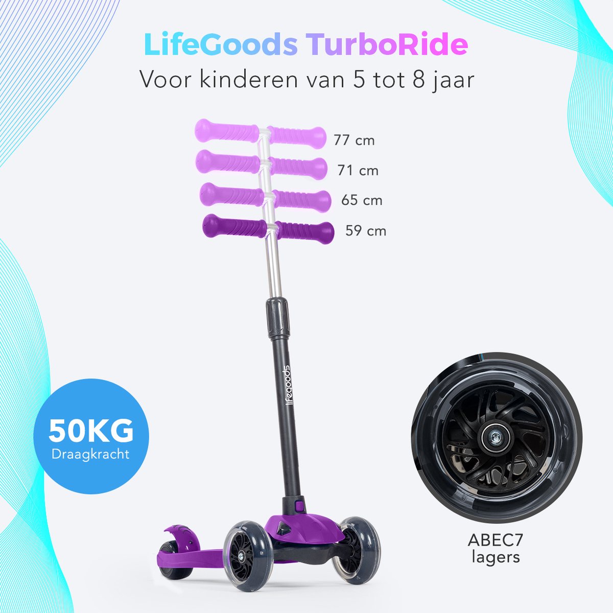 LifeGoods Kinderstep - Step 5-8 Jaar - 3 Lichtgevende LED Wielen - Hoogte Verstelbaar - Jongens/Meisjes - Paars — afbeelding 6
