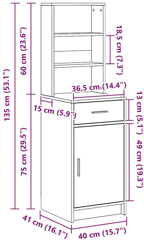 vidaXL - Buffet haut - avec - tiroir - artisanal - chêne - 40 - x - 40,5 - x - 135 - cm