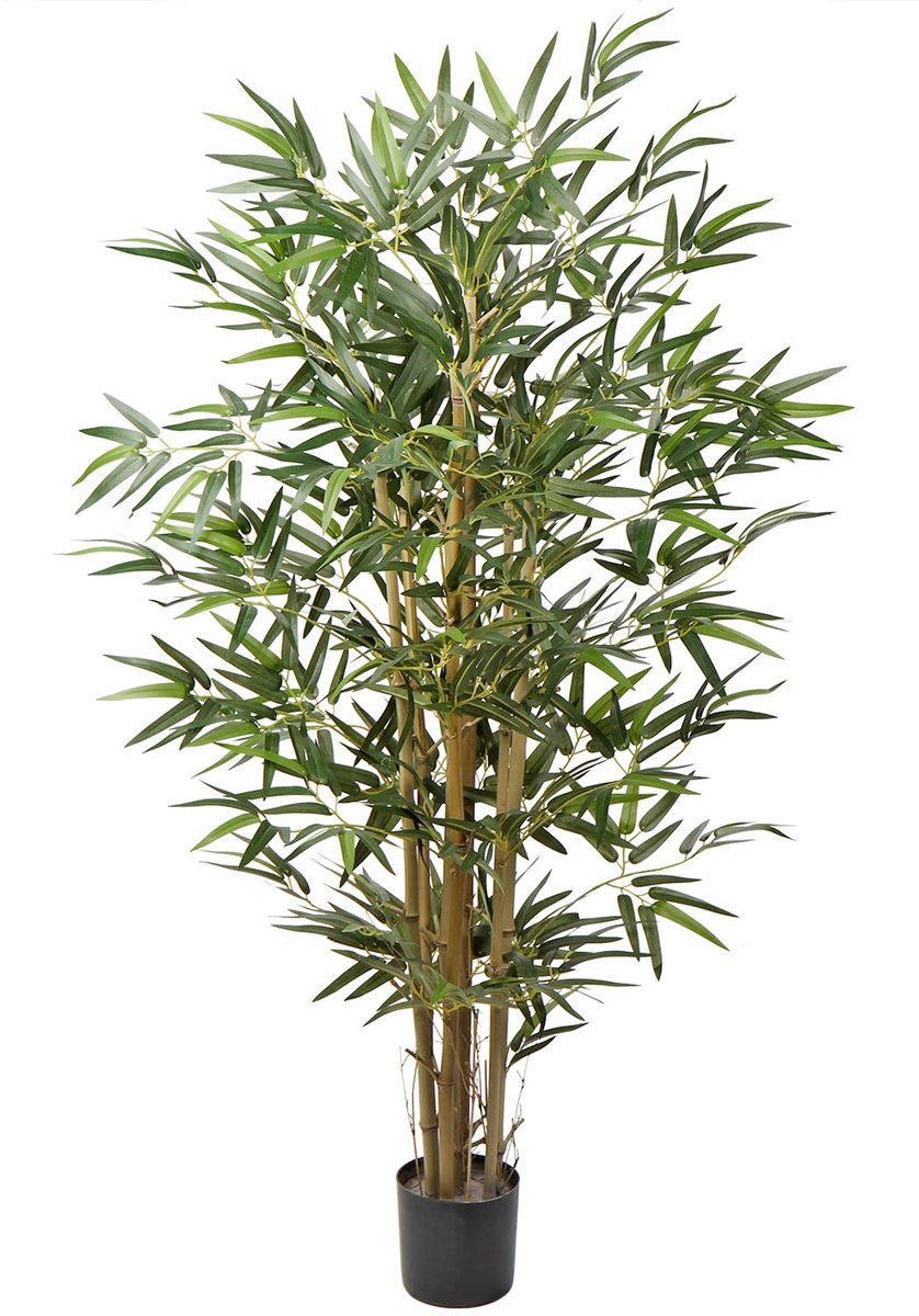 Kunstboom, kunstmatige decoratieve bamboeplant, kunstplant met echte houten stam in een stabiele pot met cementen voet, privacyscherm voor balkon of terras, bamboe, hoogte: 121,9 cm