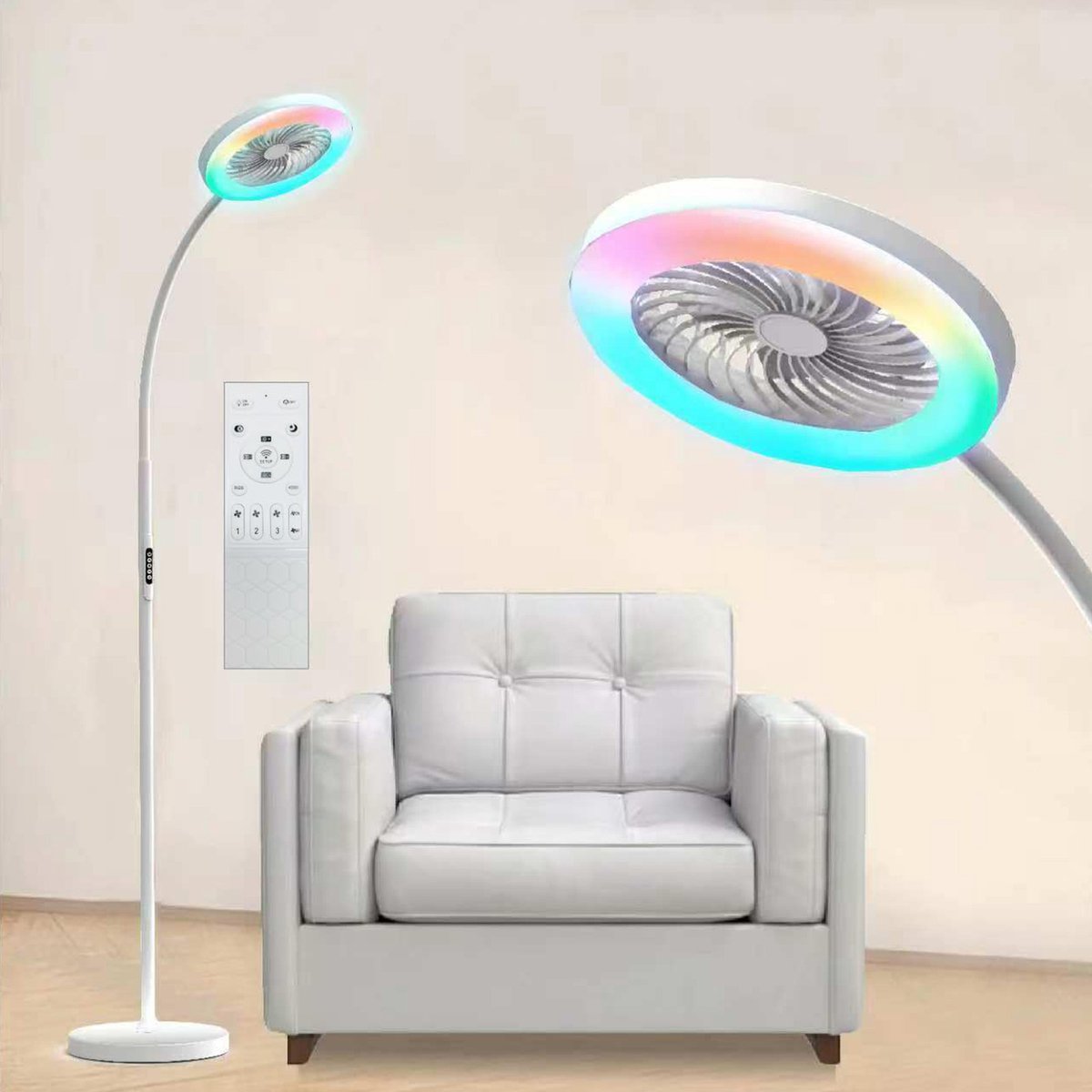 Rosnek Staande Lampen met Ventilator - 183cm Stille 2-in-1 Staande Ventilatorlamp – 1500 Lumen LED - 3 Snelheden, 12W RGB + Afstandsbediening – 360° Zwanenhalsrotatie Staande Lampen - Ideaal voor Slaapkamer/Kantoor(Wit)