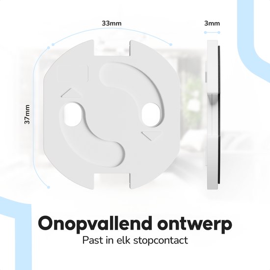 Wit stopcontactbeveiligingsproduct, met afmetingen van 37 mm en 33 mm breed, en 3 mm dik.
