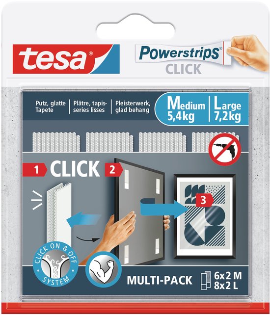tesa Klittenband pads powerstrips click groot en klein aan/uit kliksysteem zonder boren – 6x2M 8x2L