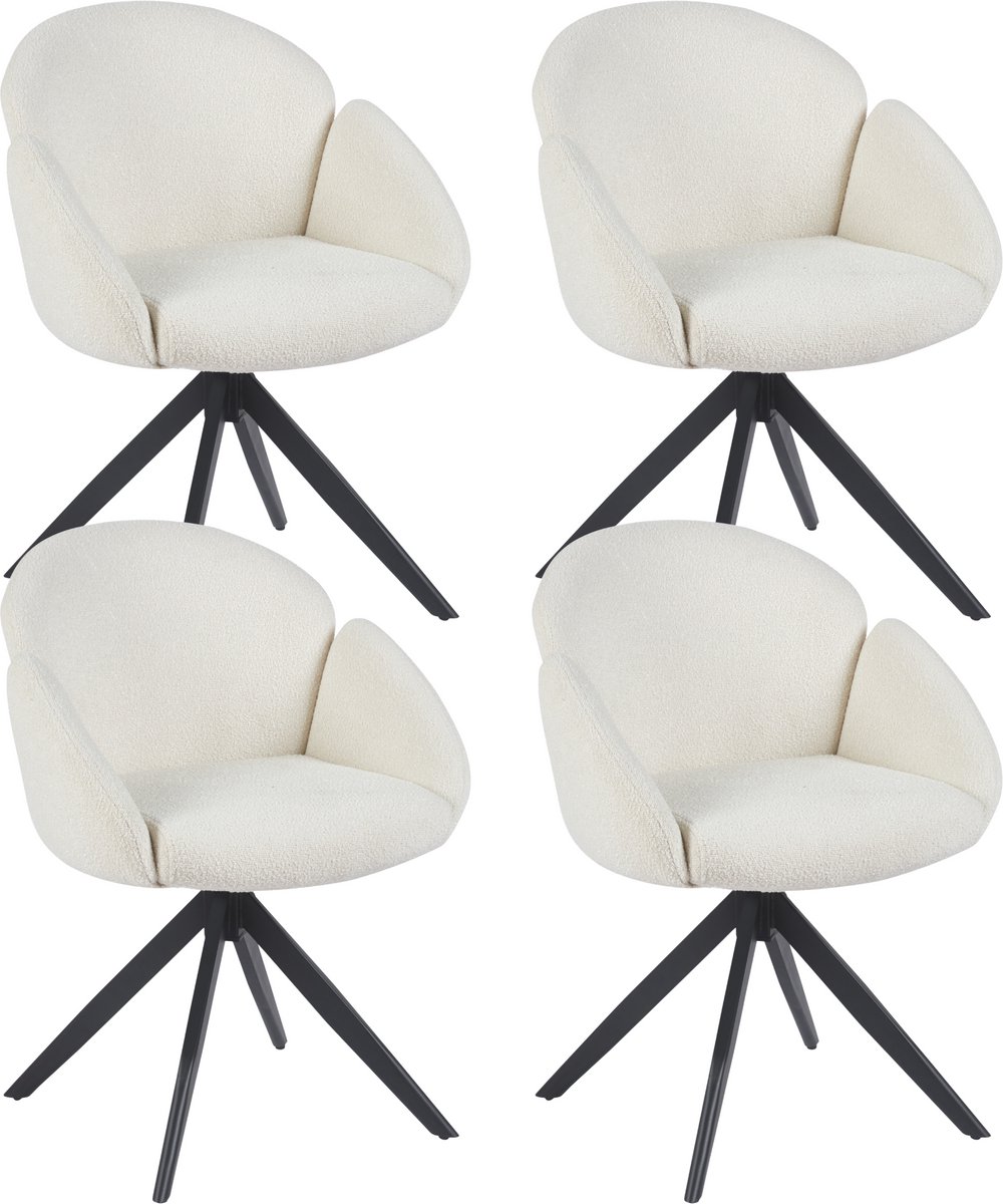Colenis Nes Eetkamerstoel - Set van 4 - Wit - Bouclé Stof - Metalen Frame - Industrieel Design - Draaibaar - 180° - Met Return Memory Functie