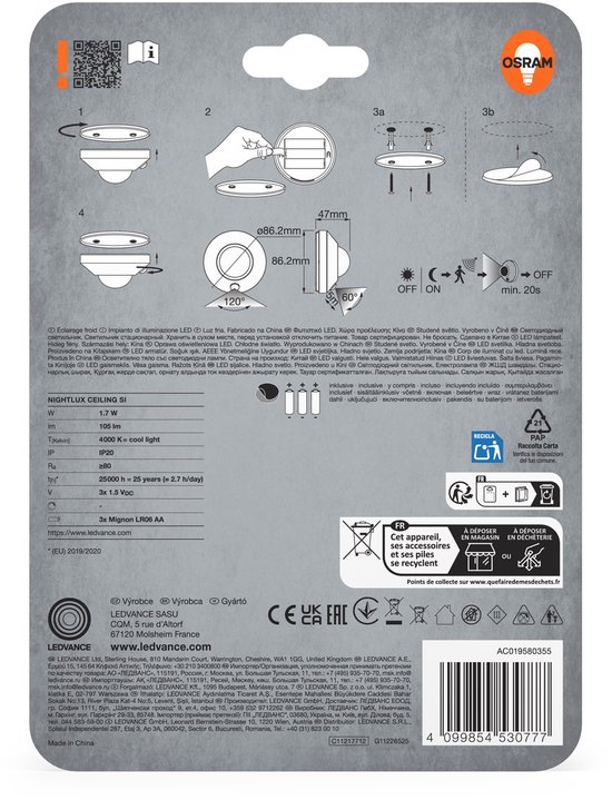 OSRAM NIGHTLUX plafondlamp, zilver, met bewegings- en lichtsensor, op batterijen, IP20, 105 lm, 4000K, eenvoudige installatie en robuuste behuizing. van Merkloos — afbeelding 3