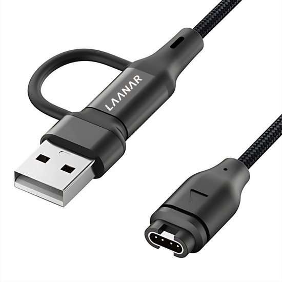 Zwarte gevlochten nylon kabel met USB-A en Garmin connector. De kabel heeft een lus.