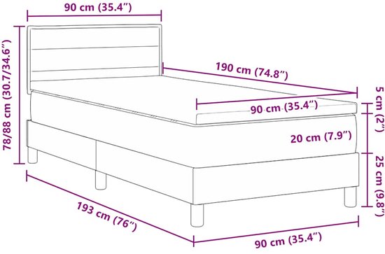 Afmetingen van een donkerbruin boxspringbed met matras en hoofdbord.
