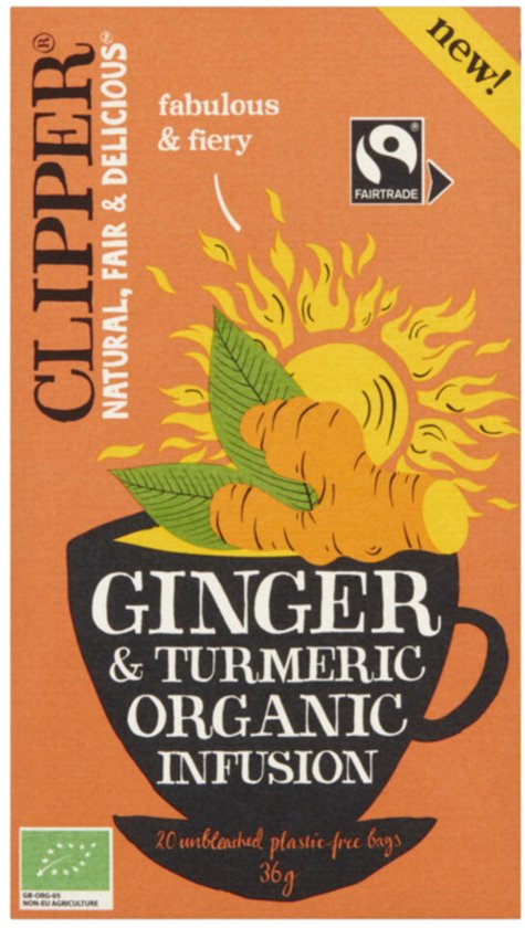 Oranje verpakking met Clipper logo, tekst 'Ginger & Turmeric Organic Infusion' en afbeelding van gemberwortel in een mok.