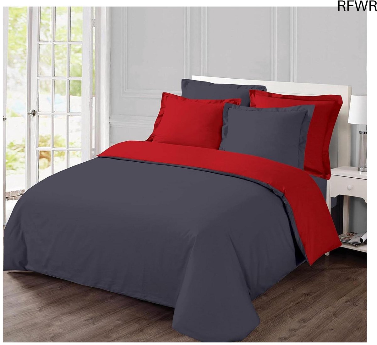 RFWR Omkeerbare beddengoedset 200 x 200 cm met 2 kussenslopen - 100% katoen AntracietRood