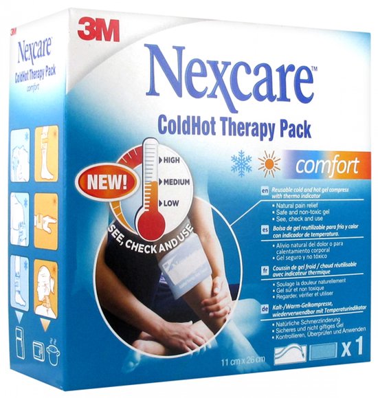 Nexcare ColdHot Therapy Pack comfort, blauwe verpakking met thermometer indicator.
