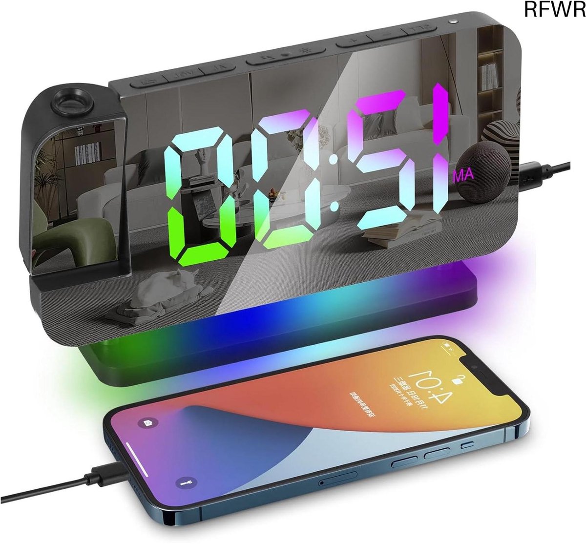 RFWR® Digitale Projectiewekker met RGB Nachtlampje en Snoozefunctie