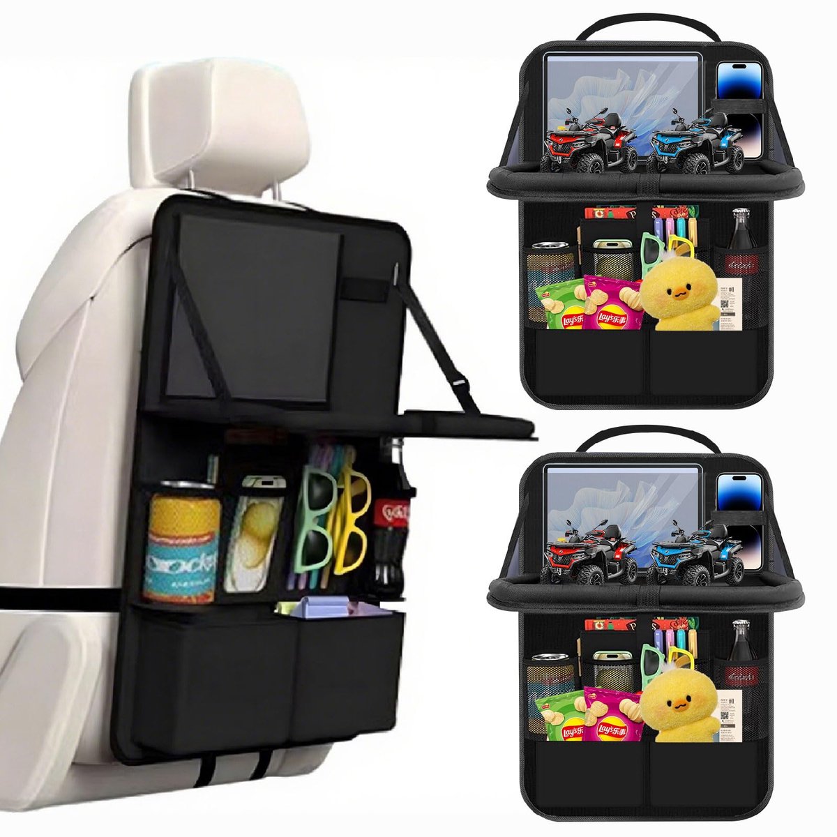 Ibenzoa® Multifunctionele achterbank-organizer voor kinderen met opvouwbare tafel en opbergruimte in zwart