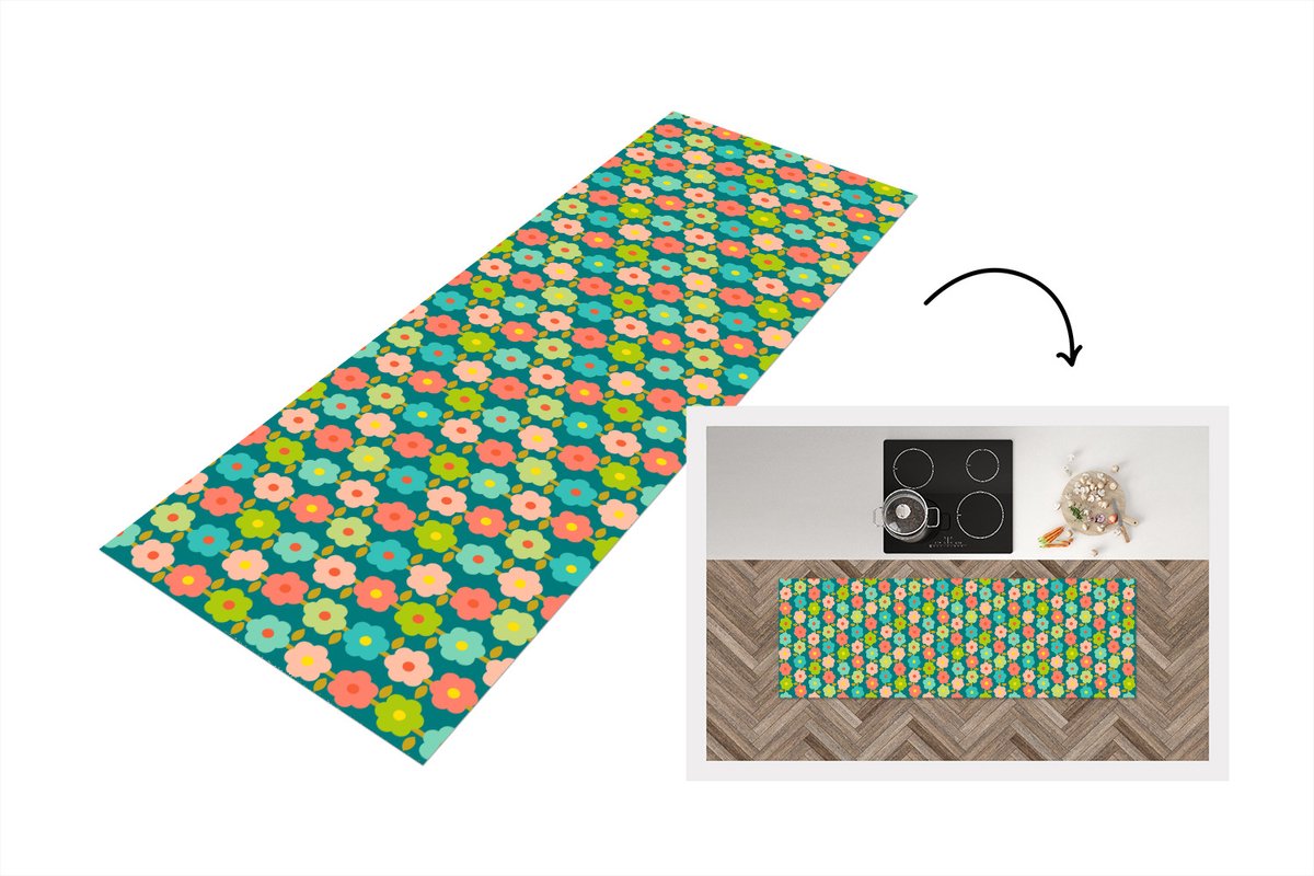 KitchenYeah Keukenloper 150x50 cm - Keukenmat vinyl Patroon - Bloemen - Retro - Jaren 70 - Keukenmatten loper - Keuken vloerkleed tapijt