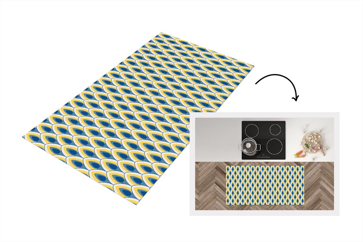 KitchenYeah Keukenloper 120x60 cm - Keukenmat vinyl Design - Patroon - Retro - Geel - Blauw - Keukenmatten loper - Keuken vloerkleed tapijt