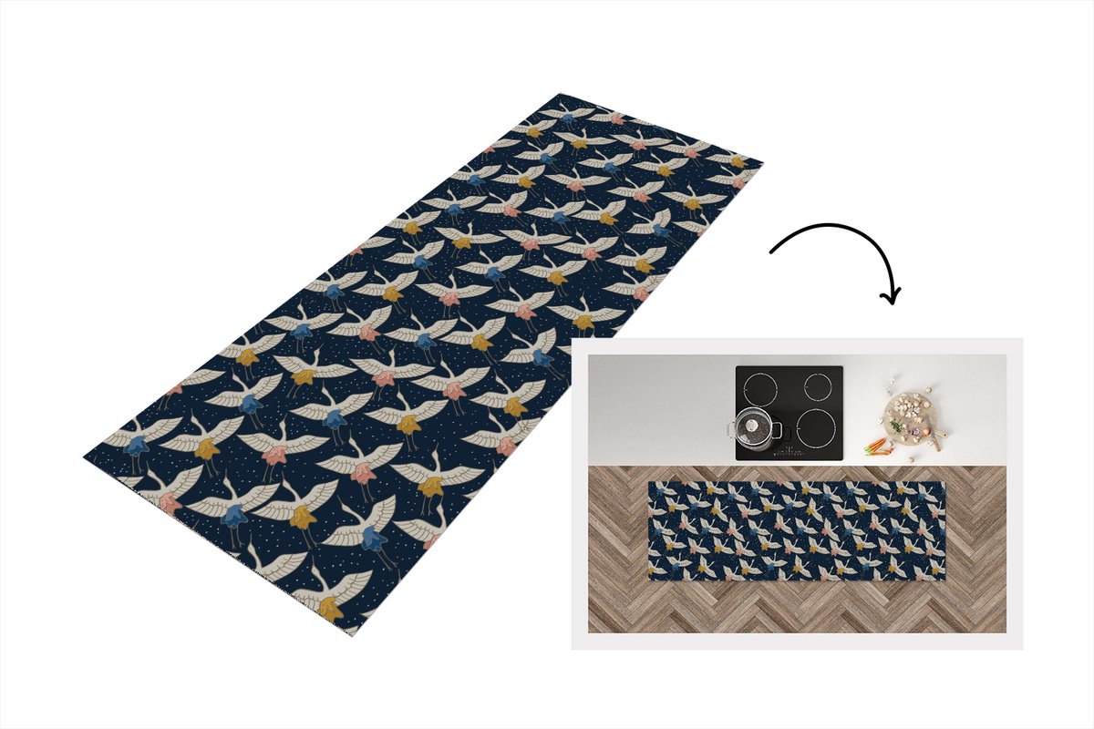 KitchenYeah Keukenloper 150x50 cm - Keukenmat vinyl Vogels - Nacht - Japan - Patronen - Keukenmatten loper - Keuken vloerkleed tapijt