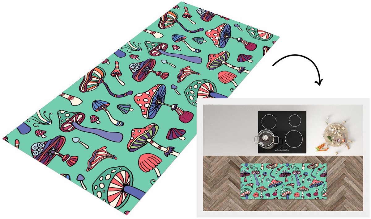 KitchenYeah Keukenloper 120x50 cm - Keukenmat vinyl Patronen - Vintage - Paddenstoelen - Natuur - Keukenmatten loper - Keuken vloerkleed tapijt