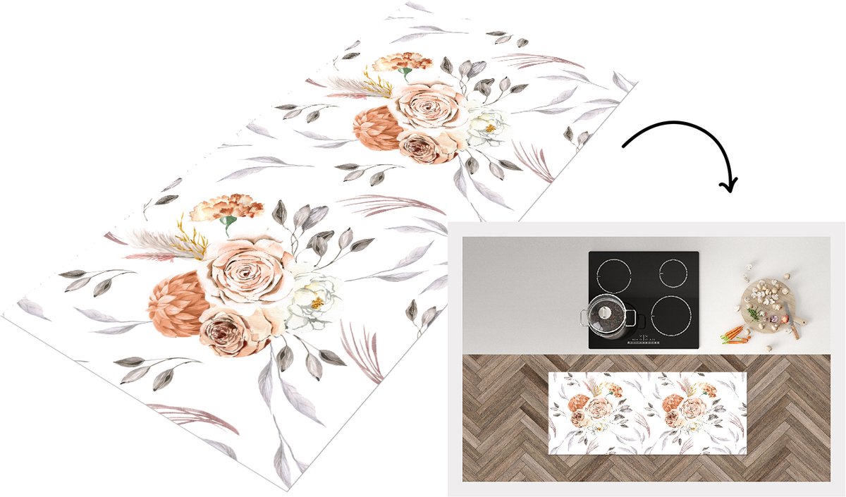 KitchenYeah Keukenloper 120x50 cm - Keukenmat vinyl Patronen - Bloemen - Roos - Wit - Keukenmatten loper - Keuken vloerkleed tapijt Rozen