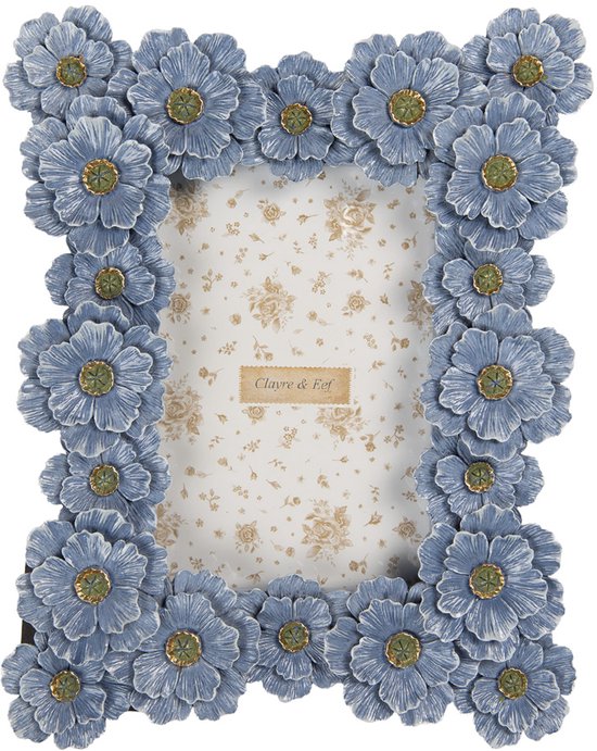 Cadre photo bleu Clayre & Eef, orné de fleurs bleues à détails dorés et d'un fond à motif floral.