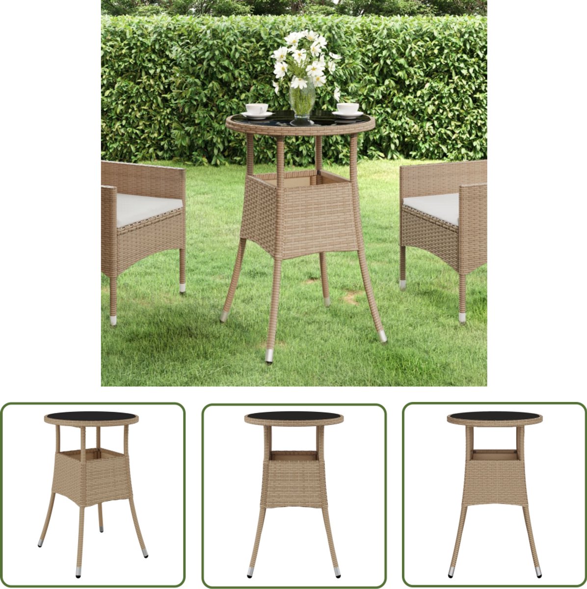 vidaXL Bistrotafel - Tuinstoel - Tuintafel Ø60x75 cm gehard glas en poly rattan beige - Outdoor Dining - Terrastuin - Lounge Set
