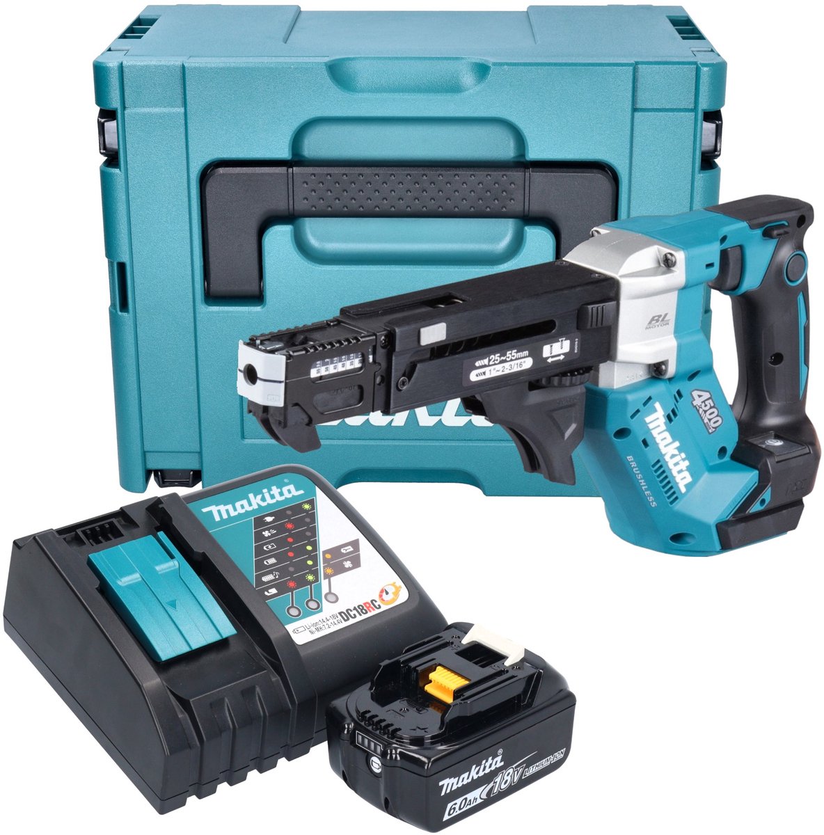 Makita DFR 552 RG1J Accu-magazijnschroevendraaier 18 V 25 - 55 mm borstelloos + 1x accu 6.0 Ah + lader + Makpac