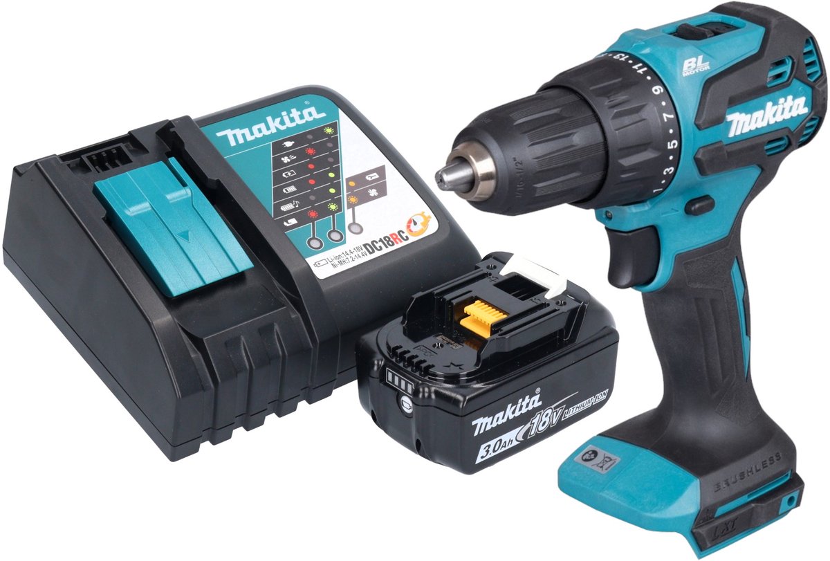 Makita DHP 490 RF1 accu klopboormachine 18 V 65 Nm borstelloos + 1x oplaadbare accu 3.0 Ah + oplader