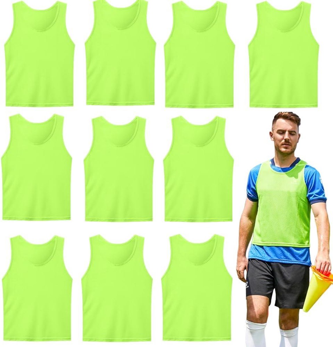 Allecto Plus - Set van 10 volwassenen voetbal trainingsvesten zonder logo - Uniseks designs - Inclusief 70 x 62 cm teamspel bibs - Ideaal voor teamtraining - Hoogte geschikt voor 170-200 cm