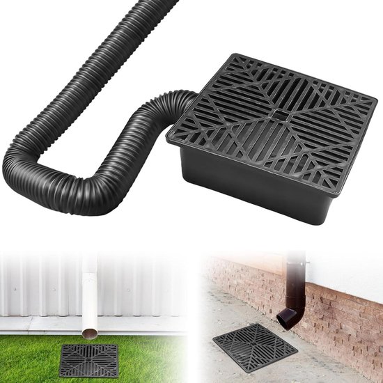 Allecto Plus - Opvangbak afvoerpijp uitbreidingsset | Waterafvoer valpijp verlengset | Met rooster-afvoerdeksel | Afvoerverlengingsset | Uitgerekte lengte 155 cm | Vierkant deksel 23 x 23 cm | Waterafvoer accessoires