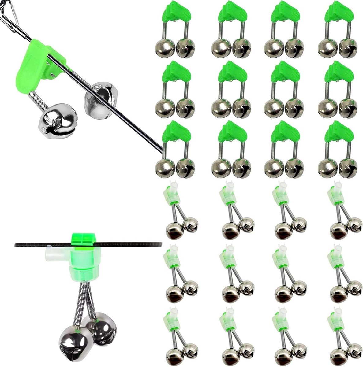 Allecto Plus - Visbellen Clip Set voor Visliefhebbers - 24 Stuks met Luid Geluid - Hengel Alarm - Visring Bell - Plastic Clip - Dubbele Klokken - Schroefbaar