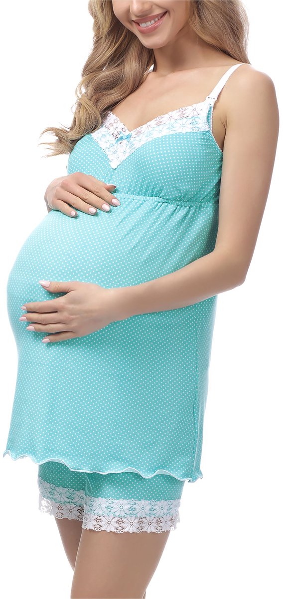 Be Mammy - Dames Zwangerschapspyjama - Met Borstvoedingsfunctie – Turkoois – M - BE-BE20-143-PJ