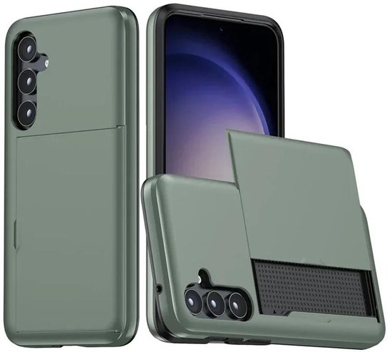 Hoesje met Kaarthouder Slider Geschikt voor Samsung Galaxy S25 | Back Cover Pasjeshouder Achterkant | Kaarthouder voor Twee Pasjes | Groen