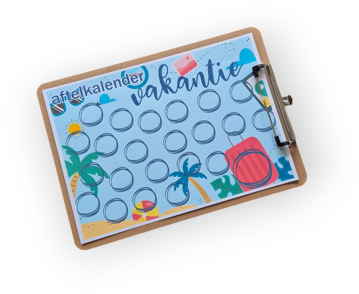 Troubadot | aftelkalender vakantie | A4 | inclusief stickervel | inclusief klembord | aftellen tot vakantie | vakantie | kind | cadeau voor jongen of meisje |
