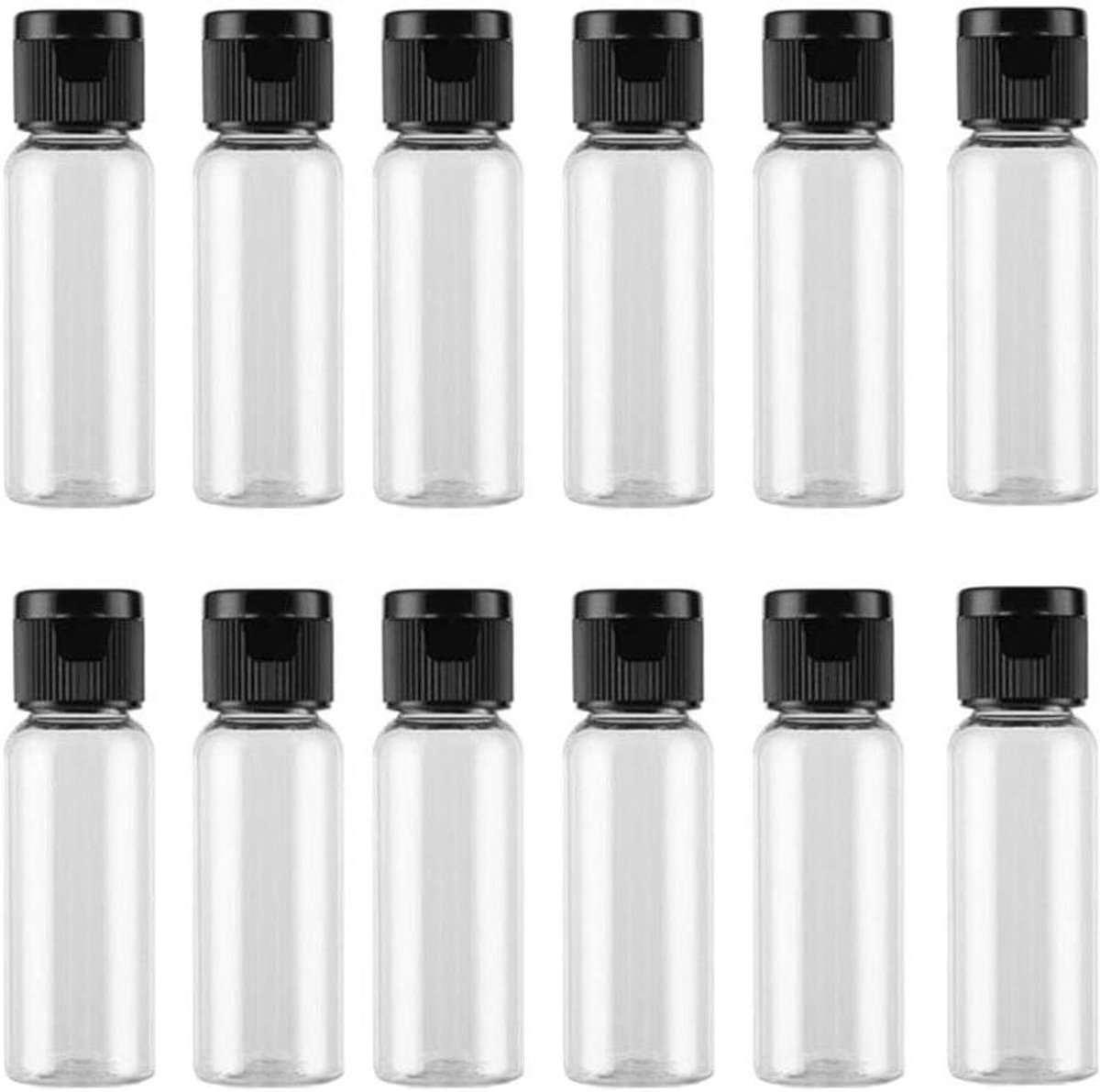 Image of 12 stuks lege reisflessen 20ml/6oz met flip-dop en knijpmechanisme - set voor cosmetica en verzorgingsproducten. Perfect voor lotions, shampoos en oliën.