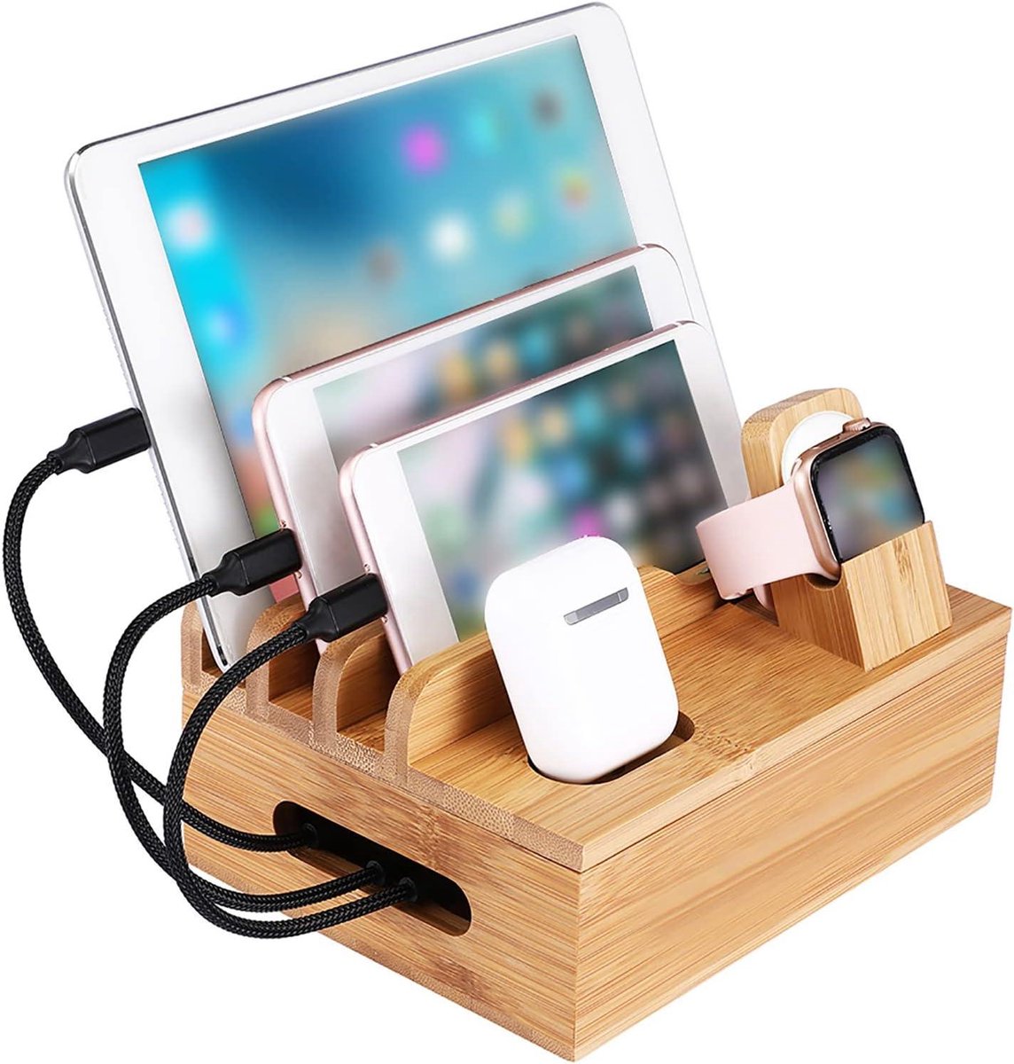 Allecto Plus - Houten oplaadstation met opslag voor meerdere apparaten - thuiskantoor - Smartphones - Tablets - Oortjes - Headset