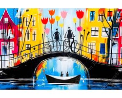 JJ-Art (Canvas) 90x60 | Amsterdam, tulpen, fiets, brug, boot in Herman Brood stijl, abstract, kleurrijk, kunst | huizen, bloemen, stad, Nederland, rood, geel, blauw, modern | Foto-Schilderij canvas print (wanddecoratie)