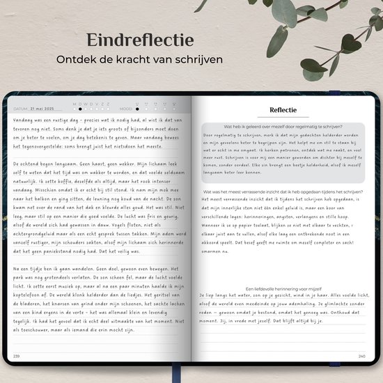 Twee pagina's met tekst, datum, weer en gedachten geschreven door een persoon. Titel: 'Eindreflectie'.