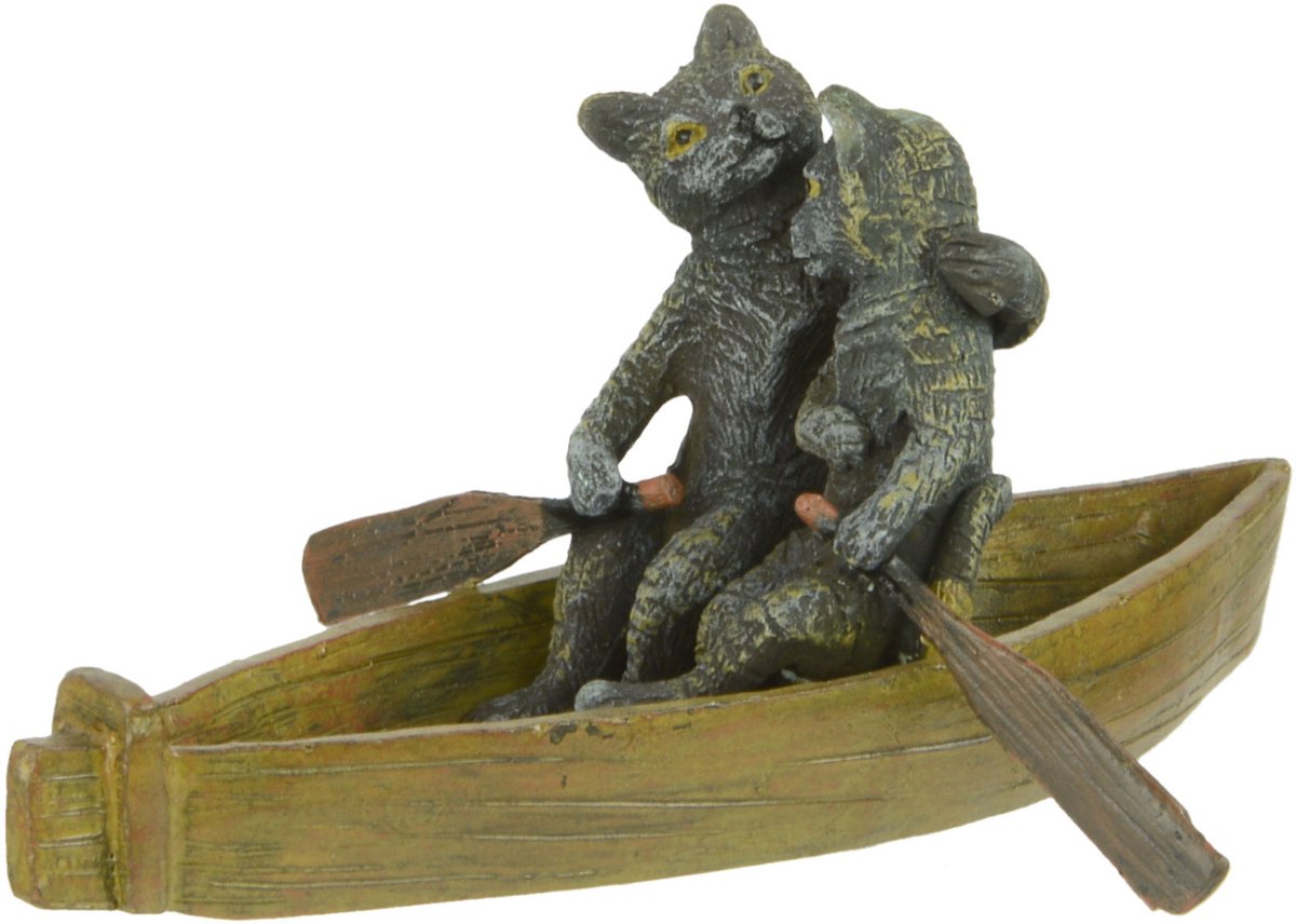 Bronzen beeld - 2 katten in een roeiboot - sculptuur - 8,3 cm hoog