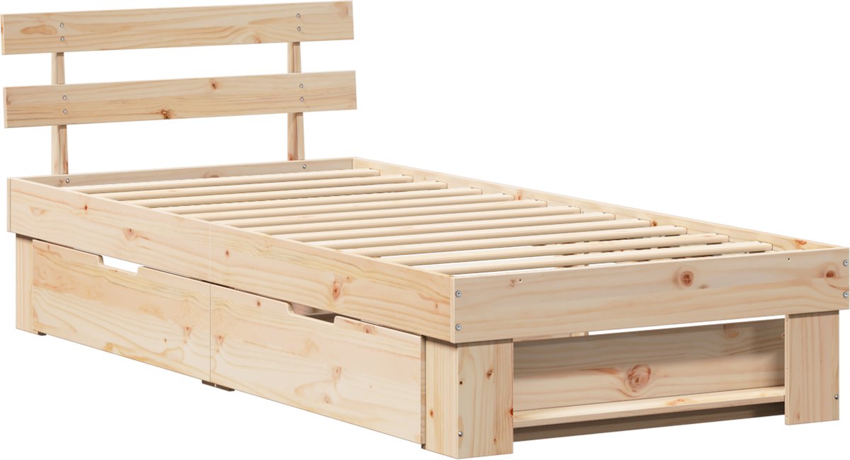 Cadre De Lit En Pin Massif 90 X 190 Cm - Style Moderne, Tête De Lit Intégrée - Sans Sommier Nécessaire - 4