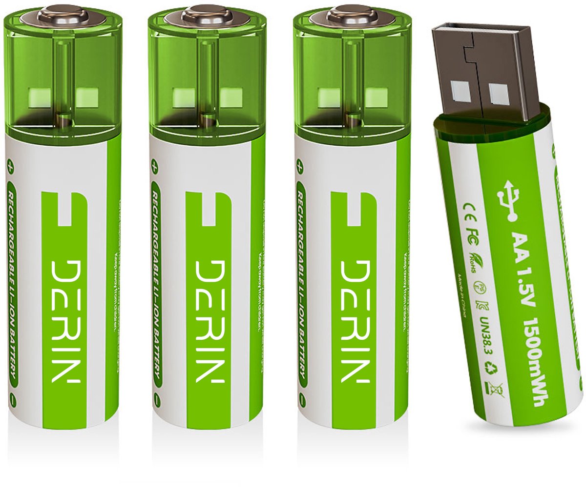 Derin USB-oplaadbare AA batterijen - direct opladen zonder lader (Li-ion 1,5 V, snelladen & herbruikbaar) - 4 stuks