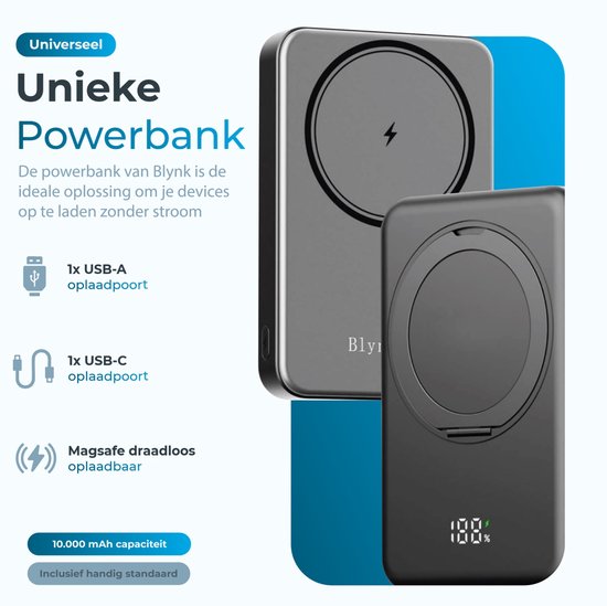 Batterie externe Blynk MagSafe 10 000 mAh – Chargeur rapide sans fil 22,5 W – Avec anneau de support – iPhone et Android – Kit d'urgence compact