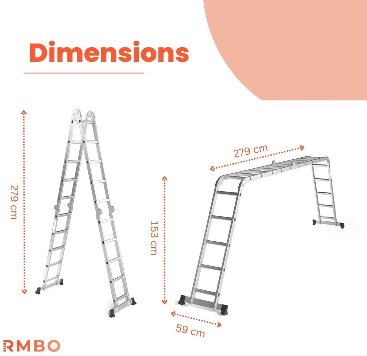 RMBO - Multifunctionele Vouwladder 4x5 - Vouwladder - 5,82 m lang - Compact en Draagbare ladder - 13 standen - Geschikt voor Particulier en Professioneel Gebruik - Max. Belasting 150 kg, EN 131.6 – foto 4
