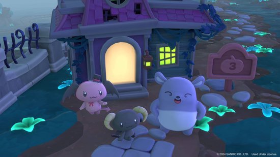 Een paars demonenpersonage met vleugels, een schaapachtig personage en een muis-achtig personage bij een huis.