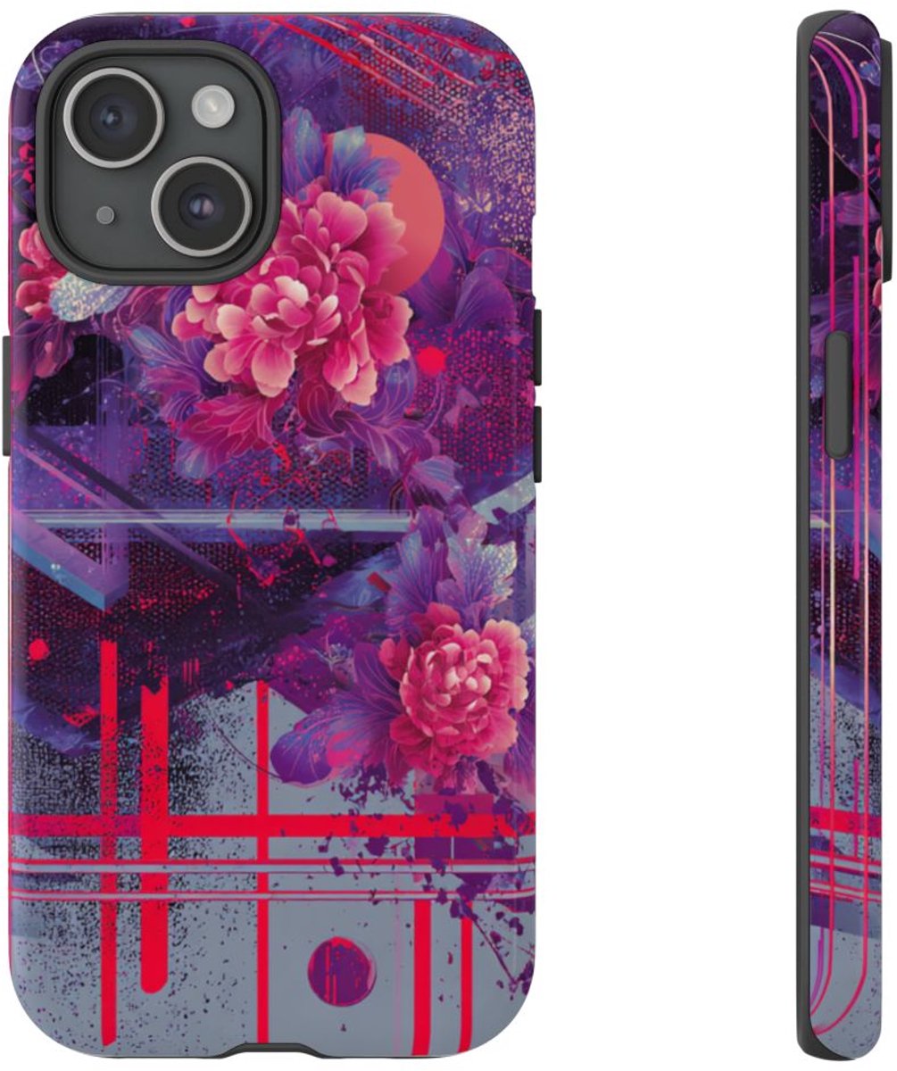 Abstracte Neonbloemen en Geometrie – Telefoonhoesje Geschikt voor iPhone 15