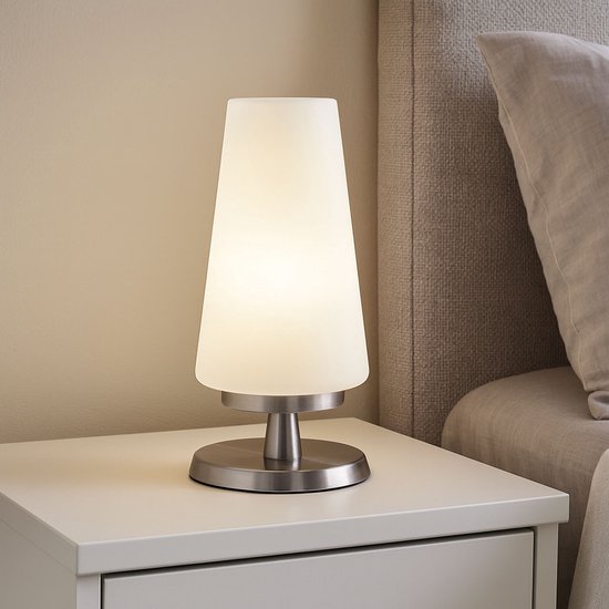 Nachtkast-lampje staal met wit glas – Touch tafellamp met LED lichtbron Nachtkast-lampje staal met wit glas – Touch tafellamp met LED lichtbron