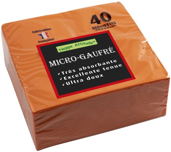 40 serviettes micro-gaufrées orange, 38x38cm, Fabrication Française