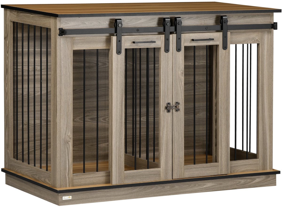Merax Hondenbench Hout Binnen 120x60x88.5 cm Houten Hondenkooi Met 2 Deuren Voor Middelgrote Honden Eikenkleurig