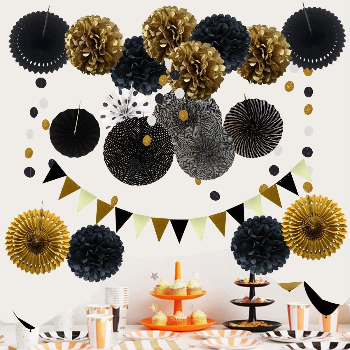 Ibenzoa® Uitgebreide Feestdecoratieset met Papieren Pompons, Hangende Waaiers, Driehoekige Wimpels en Glitter Slingers