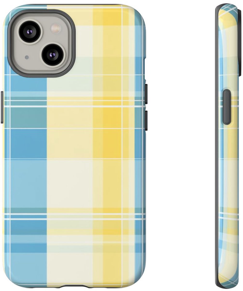 Ocean Blue en Geel Geruit Patroon – Telefoonhoesje Geschikt voor iPhone 14