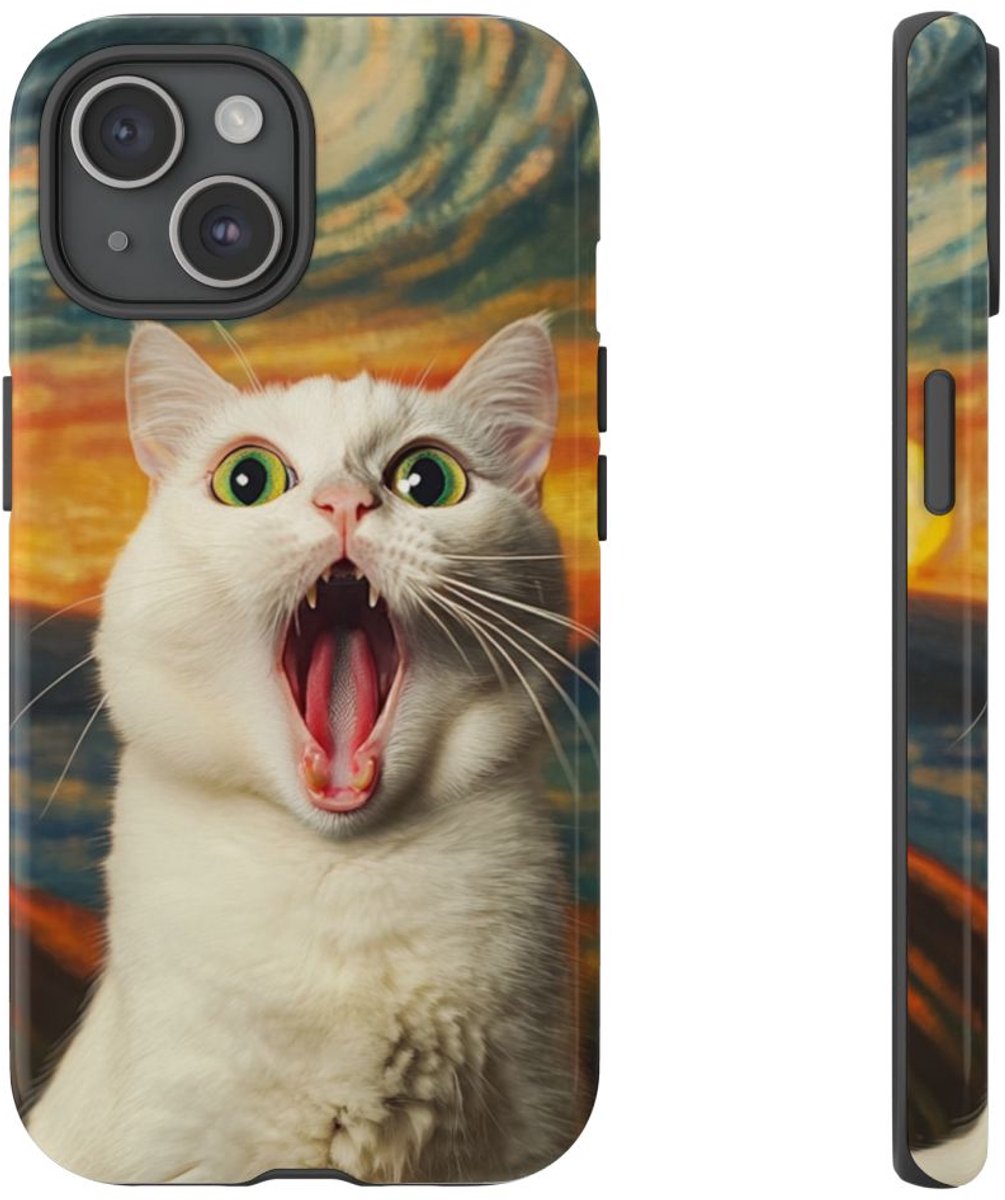 Verbaasde Witte Kat met Groene Ogen – Telefoonhoesje Geschikt voor iPhone 15