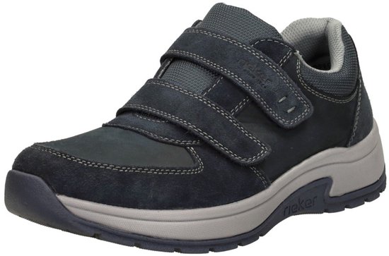 Donkerblauwe Rieker sneaker met klittenbandsluiting en grijze zool, zijaanzicht.