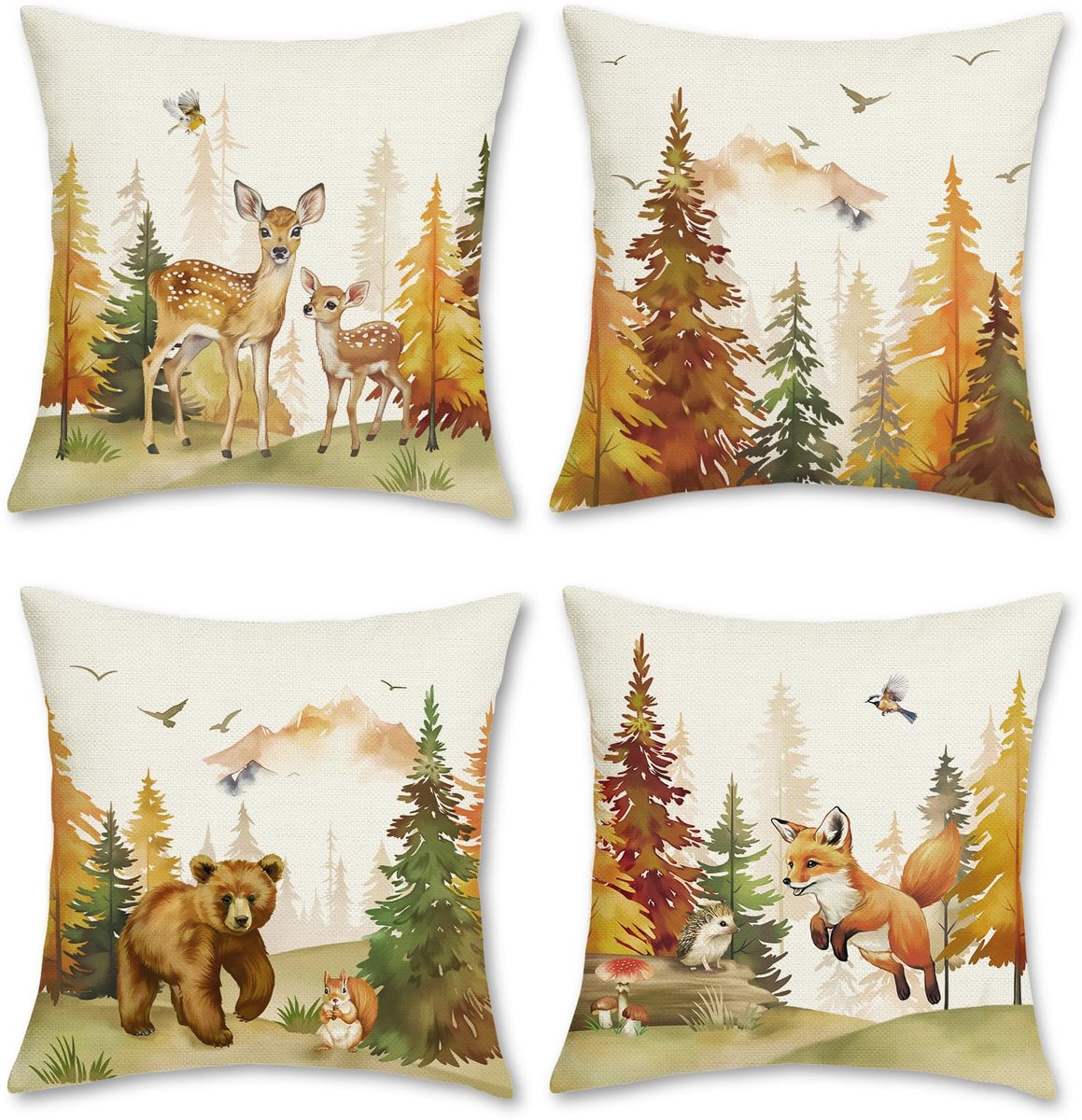 Ibenzoa Set van 4 decoratieve kussenhoezen met herfstbosdieren, 45 x 45 cm, voor huis, tuin en auto decoratie kleurijk